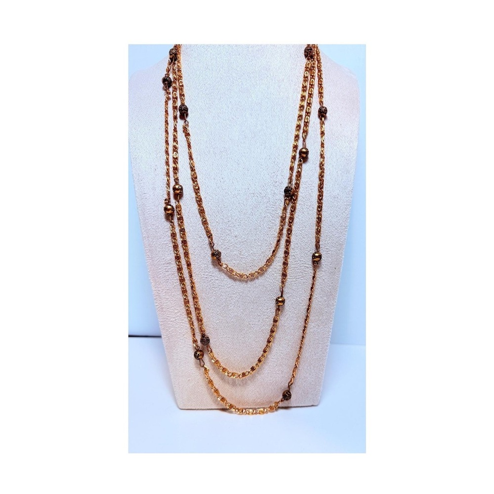 Long Gold Tone Floral Bead Station Necklace 36" Continuous Strand